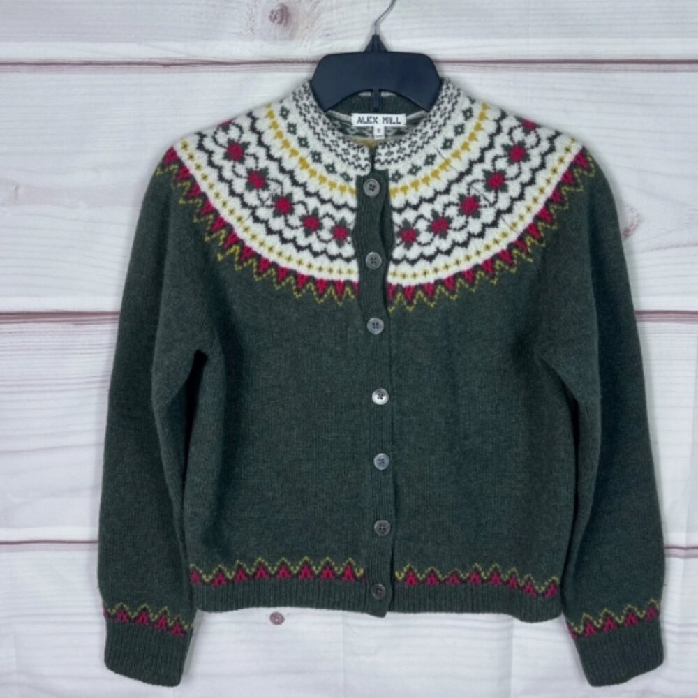 Alex Mill Sweater Women S Green Fair Isle Cardigan Merino Wool Long Sleeve Knit